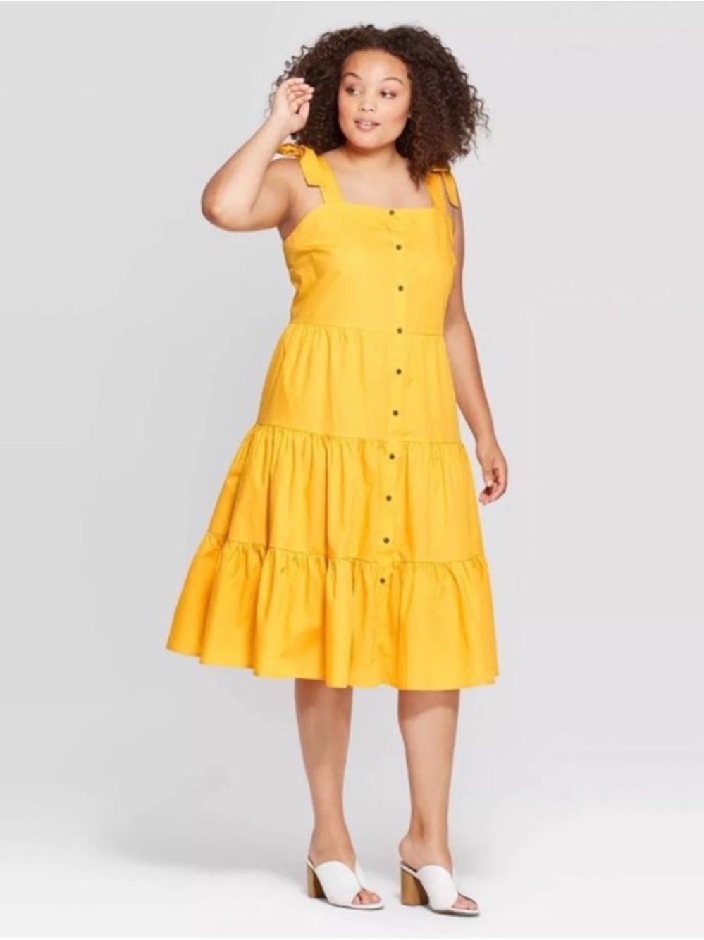 Yellow Tiered Button-Front Sundress bow tiered summer vacation resort dress SZL